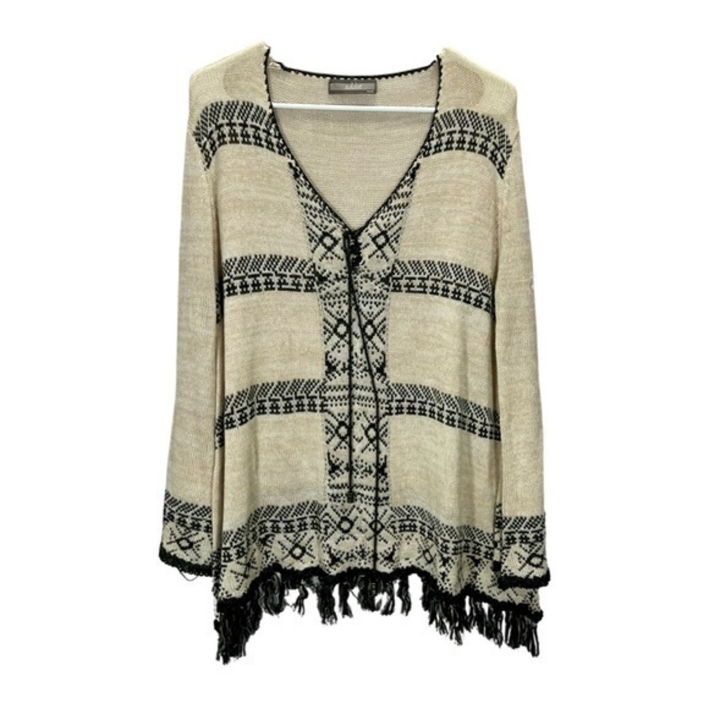 Addie Boutique Women’s Bohemian Style Beige Black Aztec Striped Fringe Tunic Top